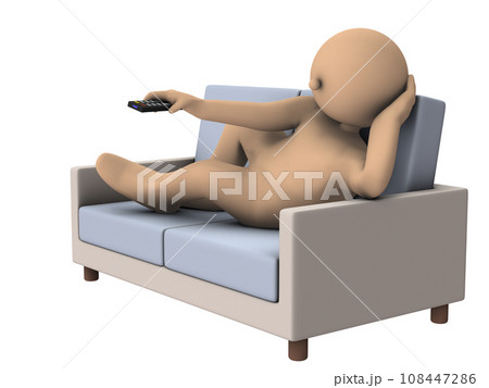 ソファーに寝そべり、リモコンでザッピングする怠惰な男性。白バック。3Dレンダリング。 ソファーに寝そべり、リモコンでザッピングする怠惰な男性。白バック。3Dレンダリング。 108447286