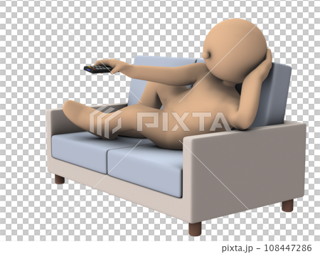 ソファーに寝そべり、リモコンでザッピングする怠惰な男性。白バック。3Dレンダリング。 ソファーに寝そべり、リモコンでザッピングする怠惰な男性。白バック。3Dレンダリング。 108447286