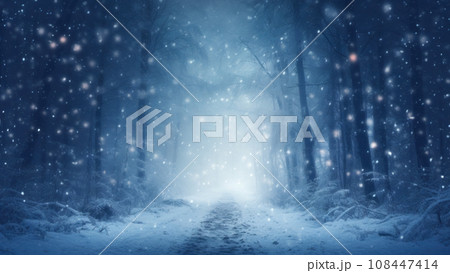 Snowfall in a serene winter forest with tall, shadowy trees along a path covered with snow Snowfall in a serene winter forest with tall, shadowy trees along a path covered with snow 108447414