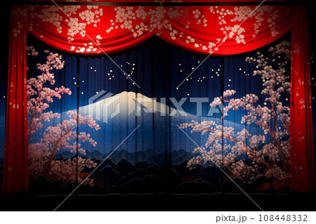 日本風の綺麗な絵が描かれた舞台の幕：AI生成画像のイラスト素材