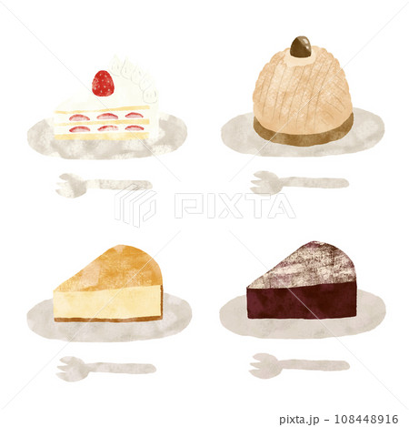 水彩手描き いろんなケーキのセット お皿とフォークのセット