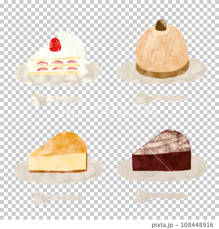 水彩手描き いろんなケーキのセット お皿とフォークのセット