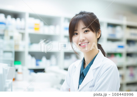 ドラッグストアで働く笑顔の女性薬剤師：AI生成画像 108448996