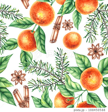 Christmas pattern with tangerines, pine needles on a white background 108450588