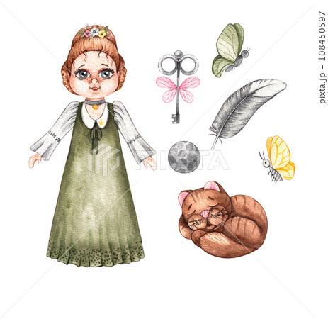 Watercolor paper doll and accessories Watercolor paper doll and accessories 108450597