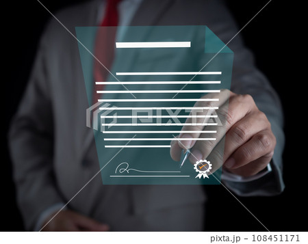 Businessman use electronic pen sign signature on electronic E-signing, data sheet document management, Electronic signature and paperless office concept. Businessman use electronic pen sign signature on electronic E-signing, data sheet document management, Electronic signature and paperless office concept. 108451171