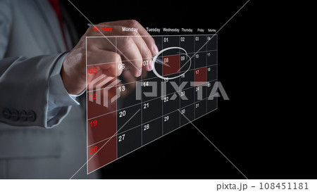 Businessman marking dates on virtual calendar, managing his business schedule, setting reminders for important appointments, creative collage for planning ideas, appointment scheduler Businessman marking dates on virtual calendar, managing his business schedule, setting reminders for important appointments, creative collage for planning ideas, appointment scheduler 108451181