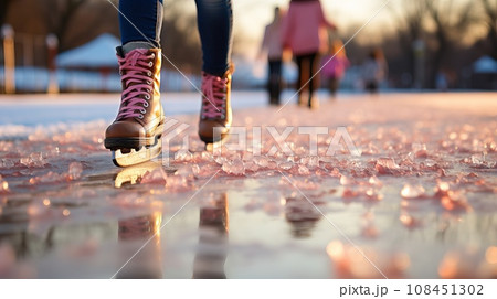 Woman ice skating on frozen lake. Winter sport and active lifestyle. Woman ice skating on frozen lake. Winter sport and active lifestyle. 108451302