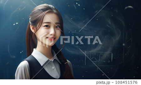 A Female Chinese Teacher in front of chalkboard Generative AI 108451576