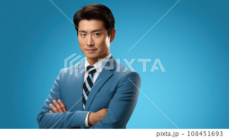 Japanese business model in businesslike suit isolated on blue background, with space to side for writing Japanese business model in businesslike suit isolated on blue background, with space to side for writing 108451693