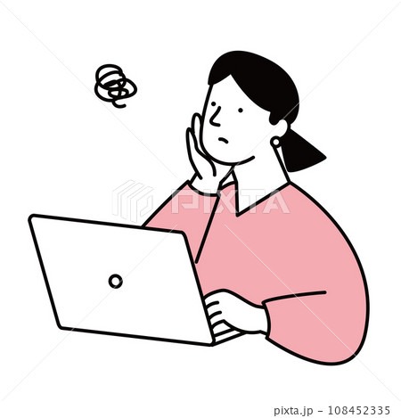 パソコン操作をしながら考え事をする女性のイラスト素材 108452335