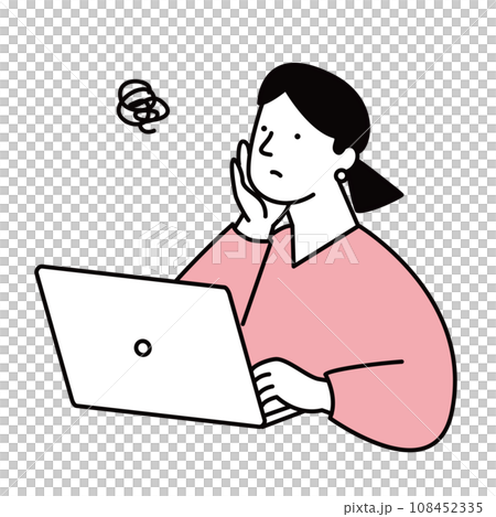 パソコン操作をしながら考え事をする女性のイラスト素材 108452335