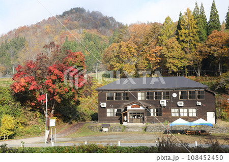 晩秋に紅葉して美しいメグスリノキと、森林の分校ふざわ　福島県只見町 108452450