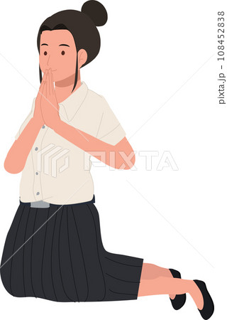 sitting smiling Thai University Student in uniform is  Sawasdee, Wai Greeting 108452838