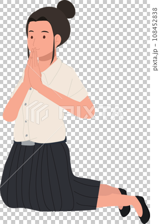 sitting smiling Thai University Student in uniform is  Sawasdee, Wai Greeting 108452838