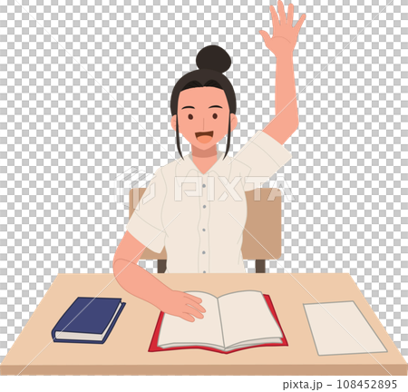 Thai University Student in Uniform Raises Hand for Question. Thai University Student in Uniform Raises Hand for Question. 108452895