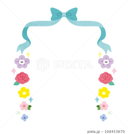 水彩風カラフルな花とリボンのキラキラフレーム 108453670