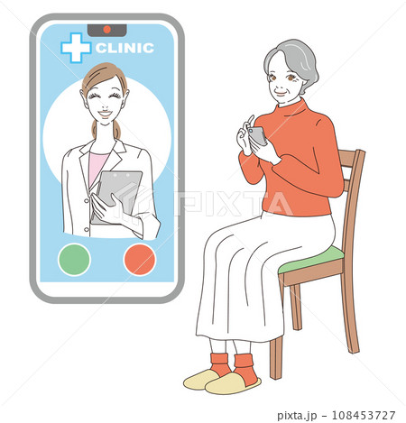 スマートフォンでオンライン診療を受けるシニア女性 108453727