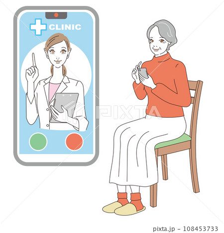 スマートフォンでオンライン診療を受けるシニア女性 108453733