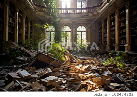 大量の本が散らばった図書館の廃墟：AI生成画像 108454202