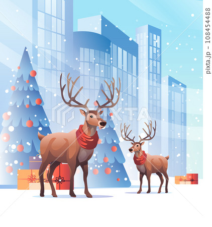 reindeers standing at city street with decorated christmas trees happy new year holiday celebration template cityscape background 108454488