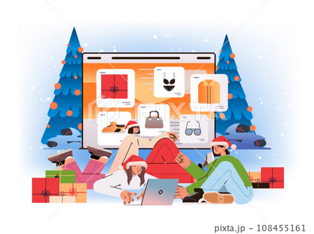 women in santa hats choosing clothes in online shop style advice generation new year holidays celebration 108455161