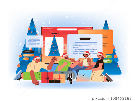 mix race people in santa hats chatting in computer app social media network speech digital communication concept new year holidays mix race people in santa hats chatting in computer app social media network speech digital communication concept new year holidays 108455165