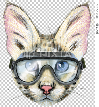 Lovely closeup portrait Savannah cat in goggles. Hand drawn water colour painting on white background 108455307