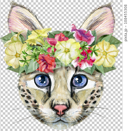 Lovely closeup portrait Savannah cat in a wreath of flowers. Hand drawn water colour painting on white background 108455308