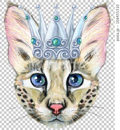 Lovely closeup portrait Savannah cat with golden crown. Hand drawn water colour painting on white background 108455310