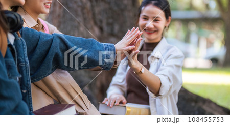 Student university friendship concept with classmate sitting together at campus college park. Youth teenage and education 108455753