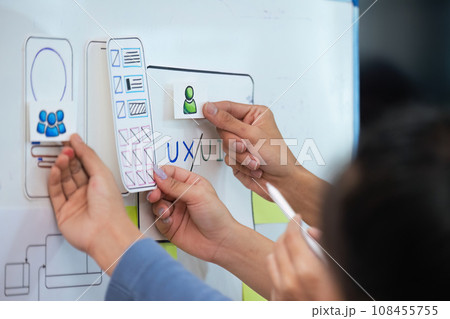 Close up ux developer and ui designer use augmented reality brainstorming about mobile app interface wireframe design on desk at modern office. creative digital development agency 108455755
