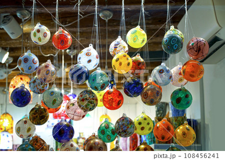 Coloured Glass Decorative Balloons In Shop Window In Venice Italy Coloured Glass Decorative Balloons In Shop Window In Venice Italy 108456241