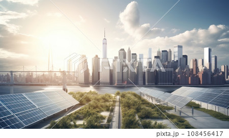 solar energy panel on the building in the big city. Generative AI 108456417