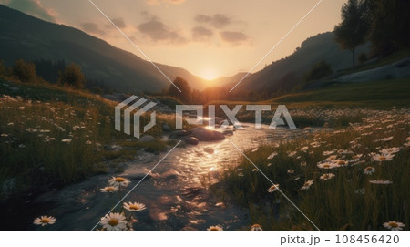 field of daisies with beautiful sunset sky. Generative AI 108456420