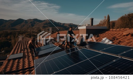 Alternative green energy, solar panels on the roof top of the house. Generative AI 108456421