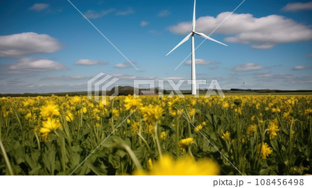 Wind turbine in a yellow flower field, Alternative energy. Generative AI 108456498