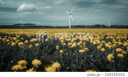 Wind turbine in a yellow flower field, Alternative energy. Generative AI 108456503