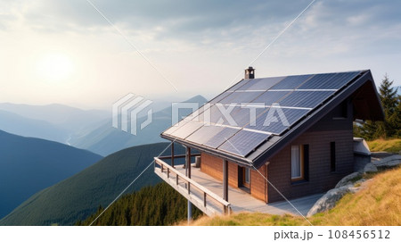 eco-friendly house with solar panels on the roof surrounded by green nature. Generative AI 108456512