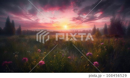 Pink flower filed with beautiful pink sky. Generative AI Pink flower filed with beautiful pink sky. Generative AI 108456529