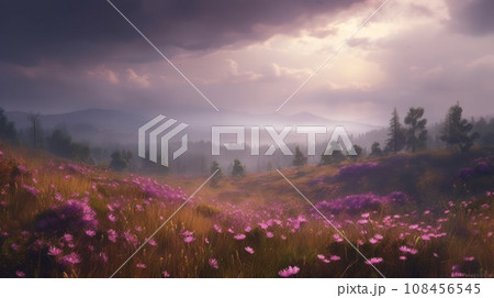 Pink flower filed with beautiful pink sky. Generative AI Pink flower filed with beautiful pink sky. Generative AI 108456545