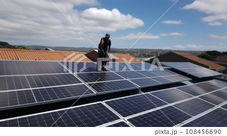 solar panesl or photovoltaic plant on the roof of a house. Generative AI 108456690