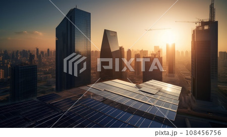 photovoltaic panels on sunset front of the big city. Generative AI 108456756