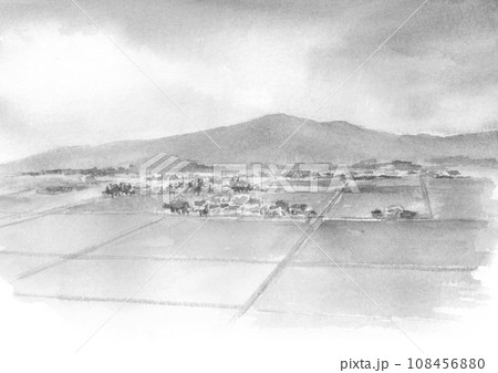 山と田園風景の水墨画のイラスト素材 [108456880] - PIXTA