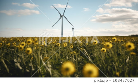 Wind turbine in a yellow flower field, Alternative energy. Generative AI 108457027