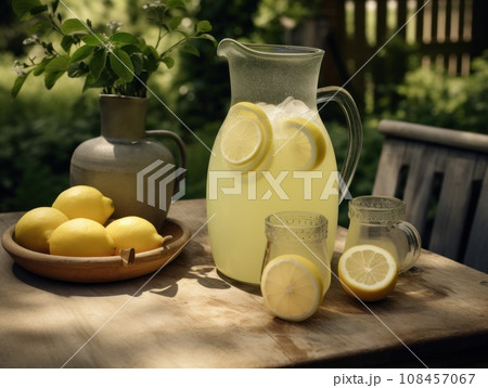 Fresh citrus lemonade with limes and lemons in jar on the table in the garden. Generative AI Fresh citrus lemonade with limes and lemons in jar on the table in the garden. Generative AI 108457067