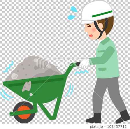 一名工人奮力推著裝滿泥土和沙子的獨輪車 一名工人奮力推著裝滿泥土和沙子的獨輪車 108457712