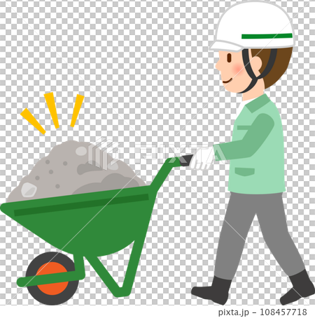 推著裝滿土和沙子的獨輪車的建築工人 108457718