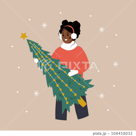 Woman holding Christmas tree. African smiling girl preparing for winter holidays. People buying Christmas fir on the fair. New Year postcard. Vector illustration in flat cartoon style 108458032