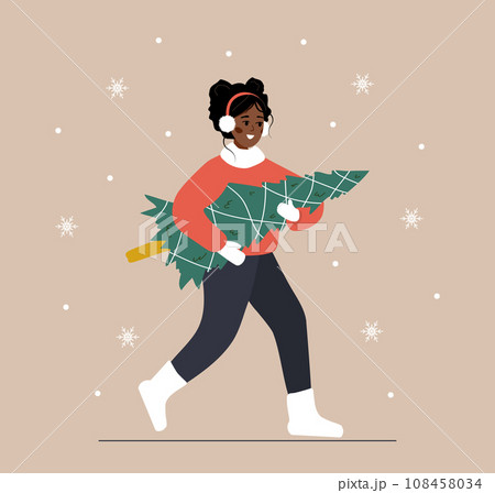 Woman carries Christmas tree. African smiling girl preparing for winter holidays. People buying Christmas fir on the fair. New Year postcard. Vector illustration in flat cartoon style 108458034